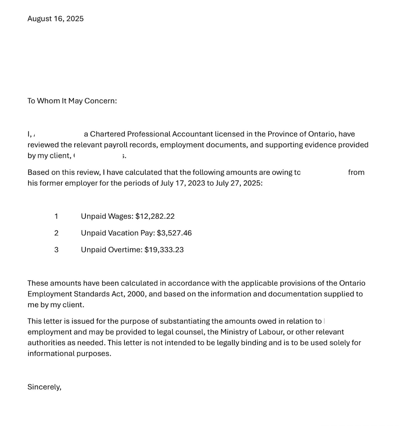 CPA's formal written calculation of unpaid wages, vacation pay, and overtime owed